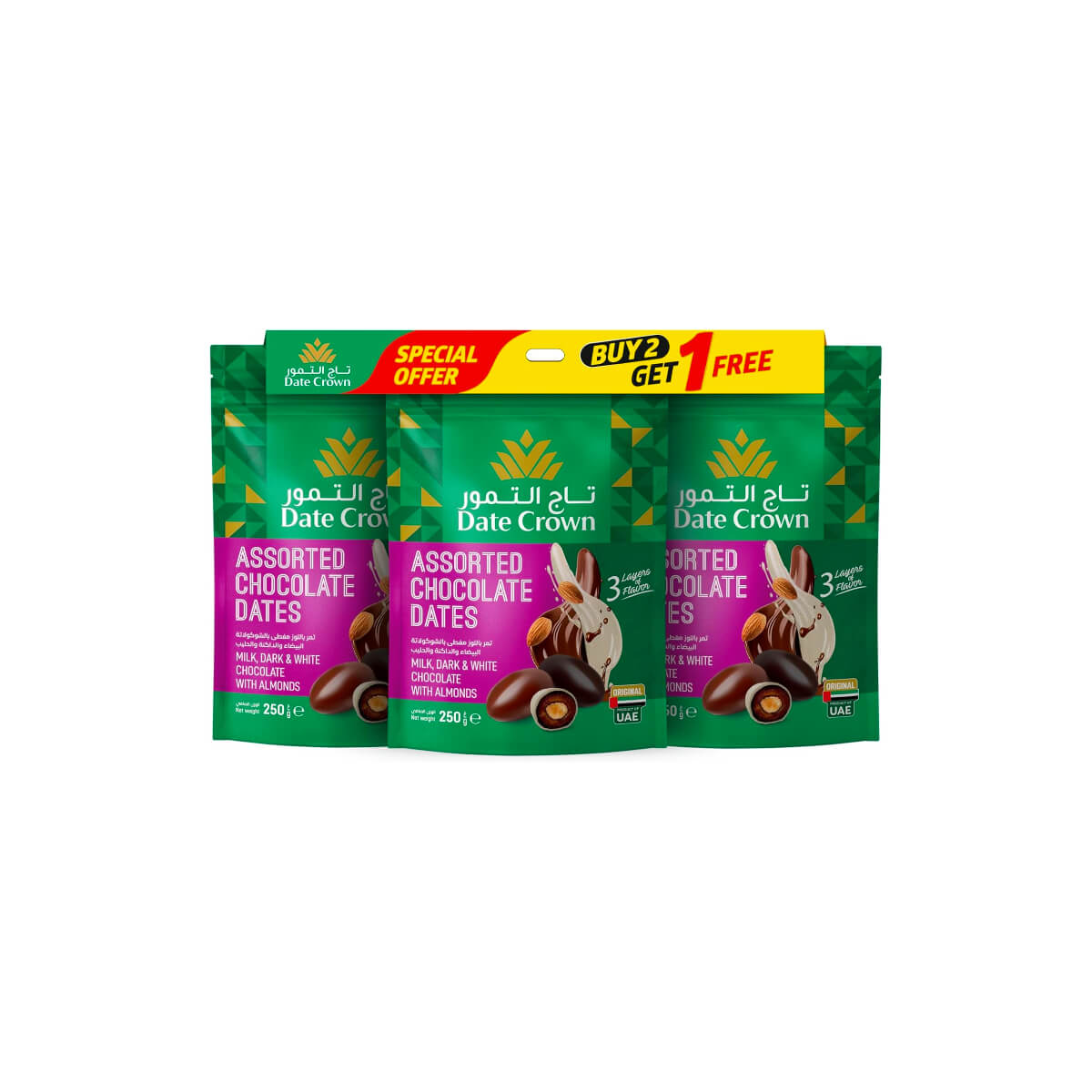 Date Crown Assorted Almond Filled Dates Chocolate 3x250g